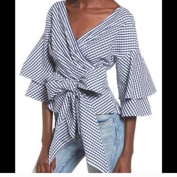 Wayf Tops - Wayf Beckett Tiered Bell Sleeve Gingham Top